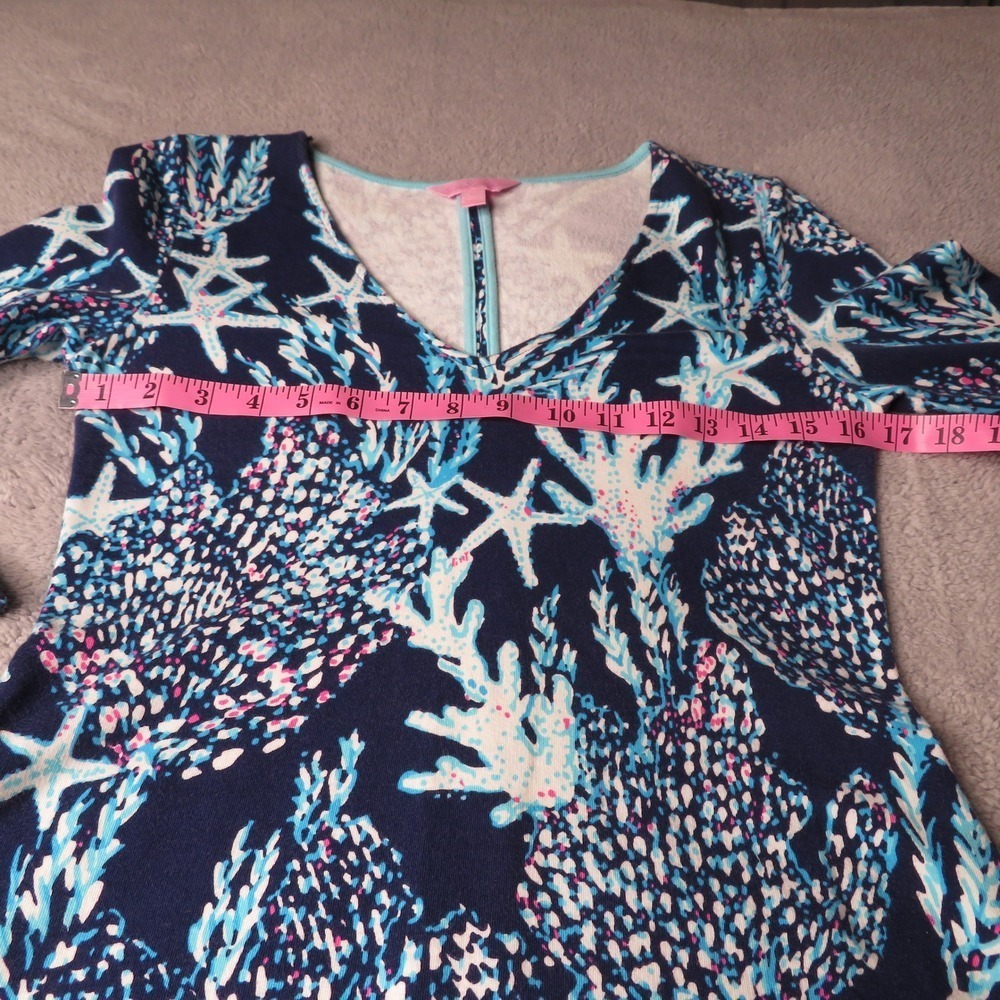 Lilly Pulitzer XS Navy Blue Coral Starfish Print V-Neck Long Sleeve Shift Dress - Picture 4 of 12